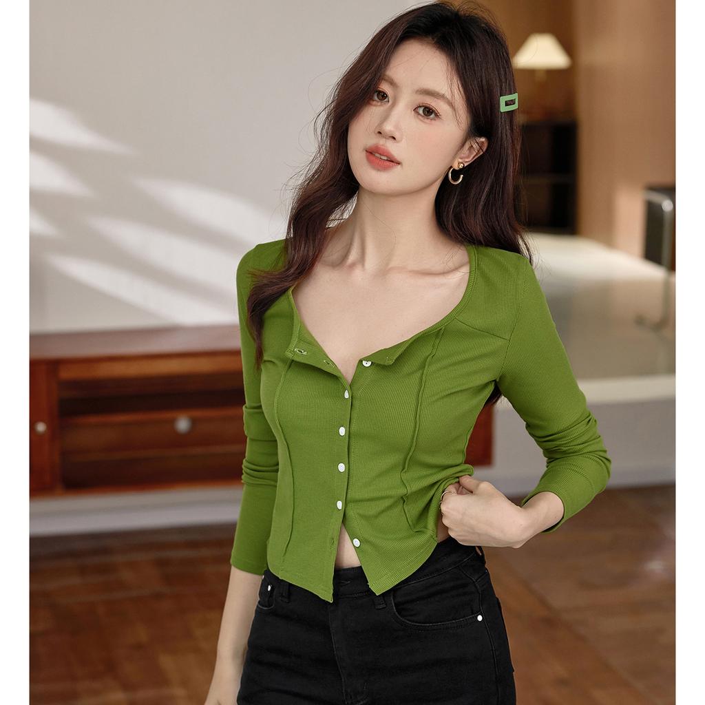 Shell Button High Waist Short T-shirt for Women with Sexy Long-sleeved Temperament Cotton Top