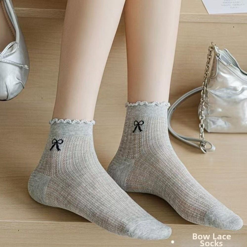 Breathable Women Ankle Socks Ruffle Lace Bow Embroidery Socks New Cotton Short Socks
