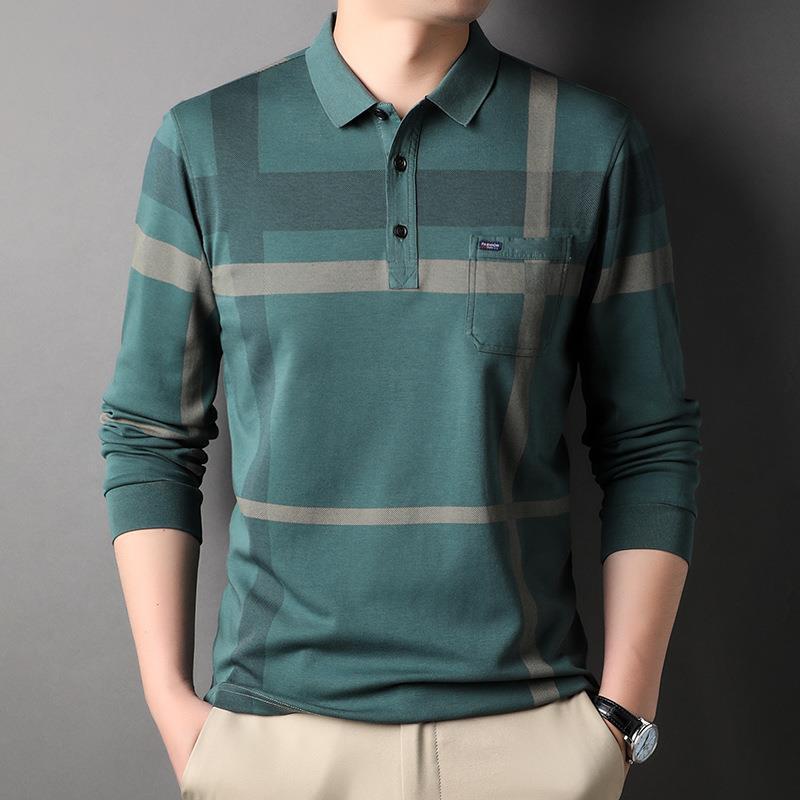 Primavera e Autunno Nuova Polo Casual a Maniche Lunghe con Risvolto da Uomo T-Shirt da Uomo in Cotone Lavato con Taschino Vero