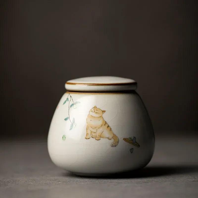 Retro Ru Kiln Ceramics Tea Caddy Cute Cat Pattern Portable Sealed Tea Leaf Containers Travel Tea Bag Storage Box Spice Organizer