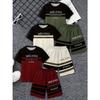 Color Blocked English Letter Pattern Boys' Fashionable Casual Pullover Short Sleeved Shorts Set, Perfect for Outdoor Activities
