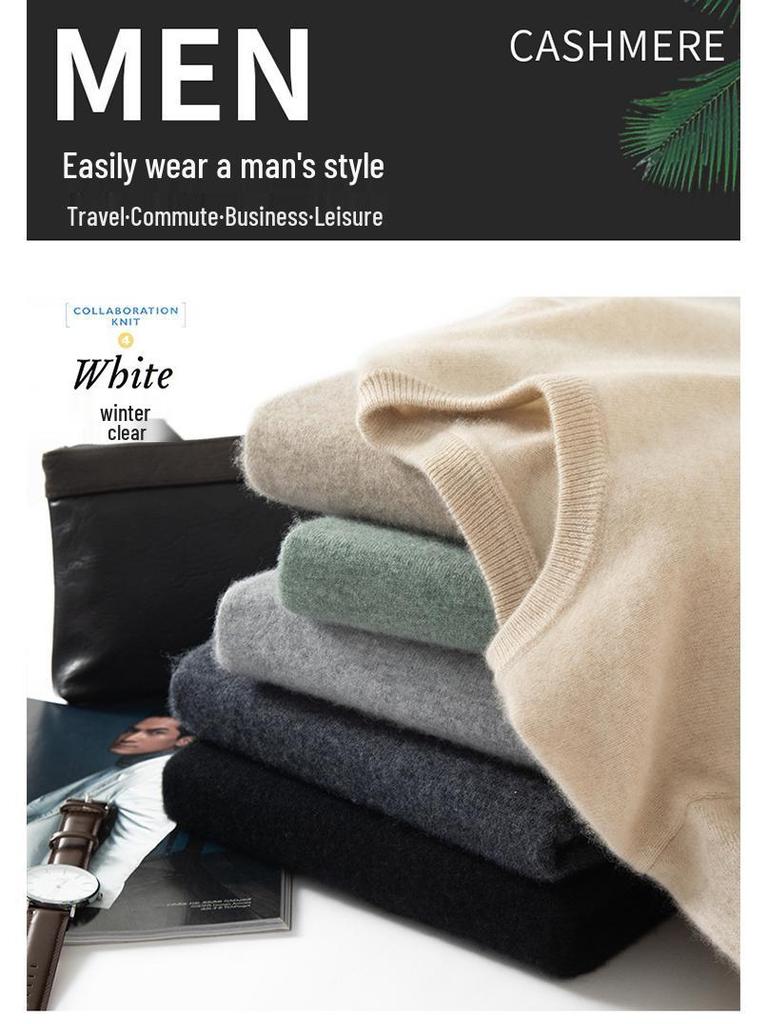 Men's Thick Warm Cashmere Sweater - Solid Color Round Neck Loose Fit