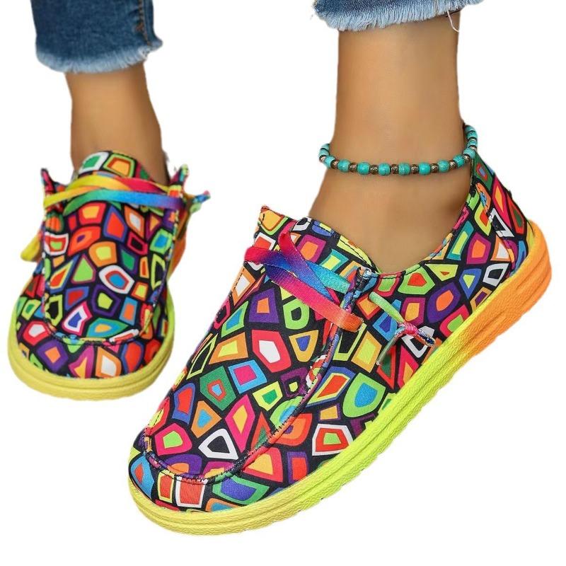 New Women's Shoes Lace-up Color Low-top Single Shoes Women's Graffiti Lazy Canvas Flat-soled Single Shoes