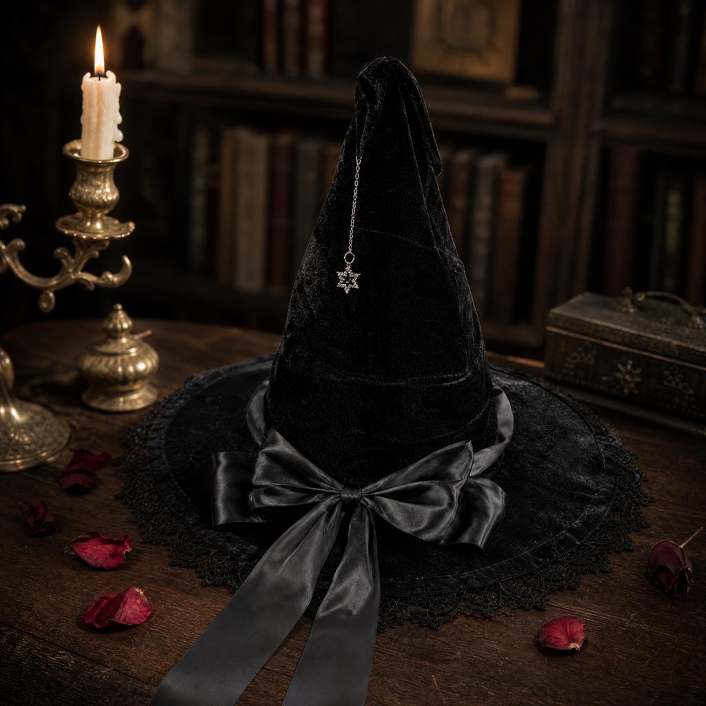 Women's Pointed Witch Hat with Velvet and Wide for Halloween Gothic Costume