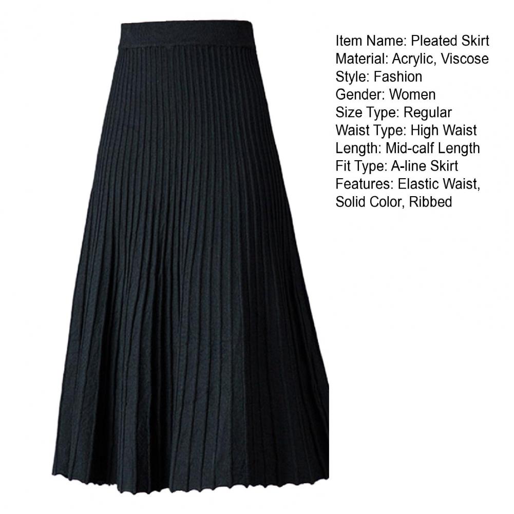 Women Pleated Skirt Elastic High Waist A-Line Midi Solid Color Mid-calf Length Skirt Thickened Commuting Style Skirt
