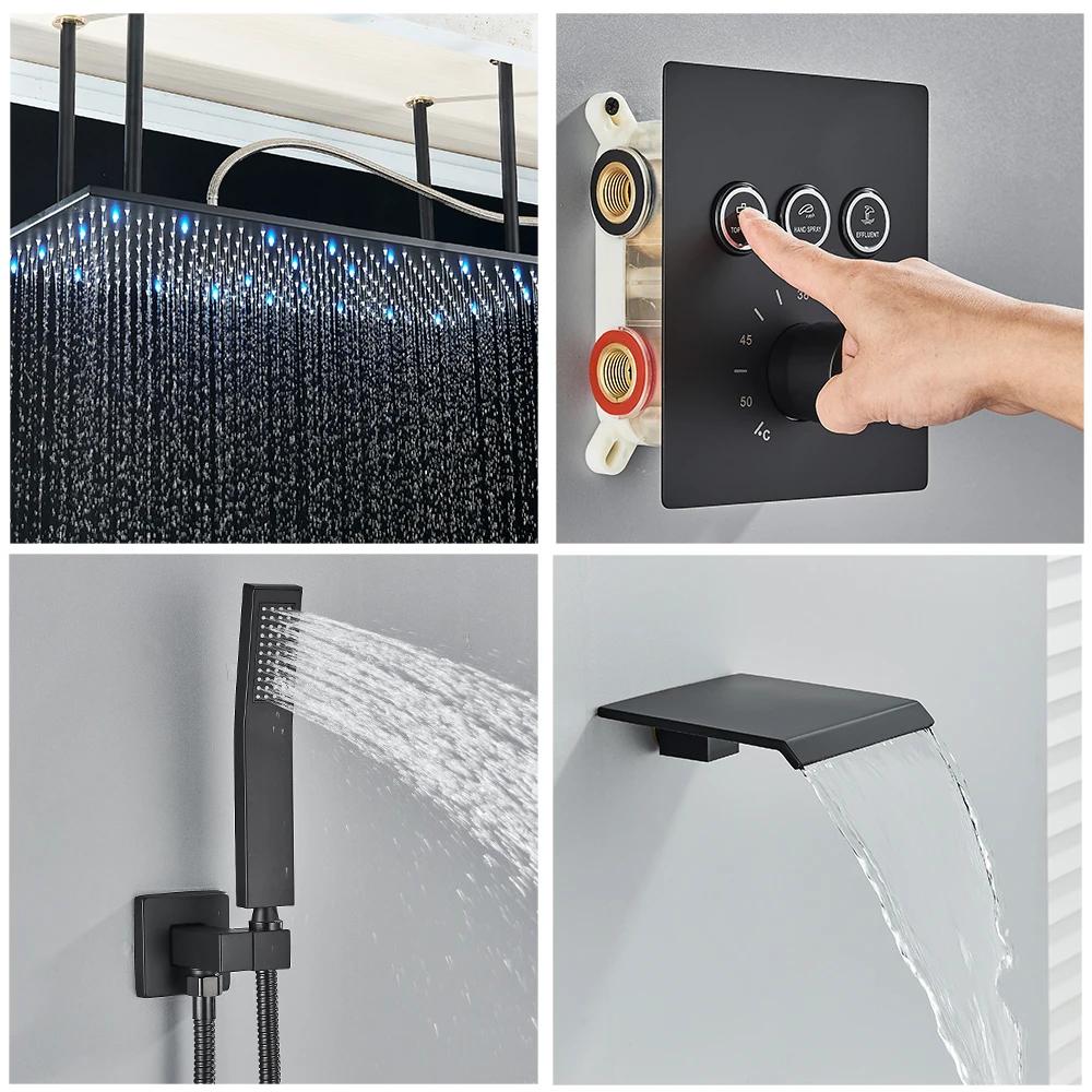 Matte Black LED Thermostatic Shower Faucet 40*80 Large Rain Waterfall Shower System Button Control 3Ways Mixer Installation Arm