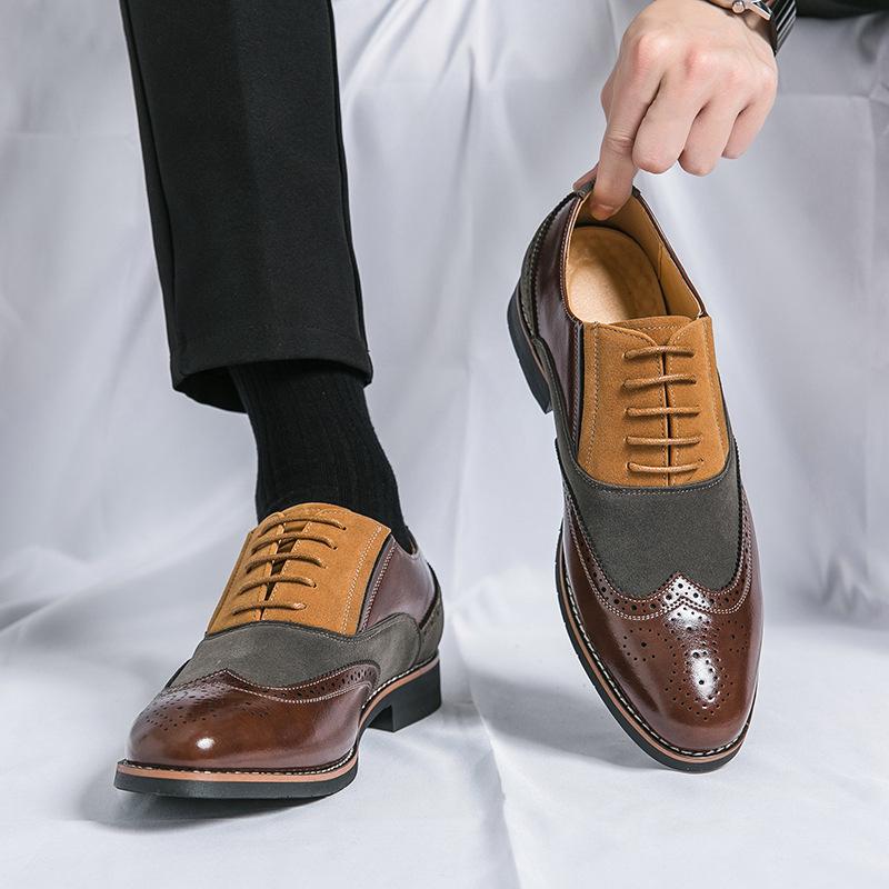 Spring and Autumn New British Business Dress Shoes Men's Retro Splicing Trend Brock Carved Pointed Casual Leather Shoes