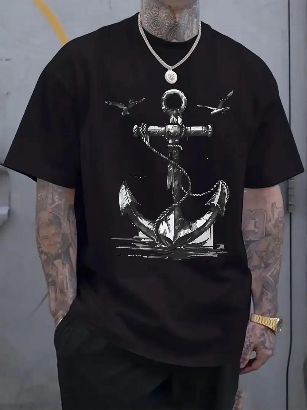 Casual Anchor & Seagull Print T-shirt - Short Sleeve XXXXL