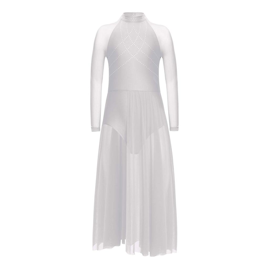 Mädchen Performance-Kleid Strasssteine Transparenter Mesh Patchwork Design Fließender Rock mit Schlitz Schlüsselloch-Rücken Body