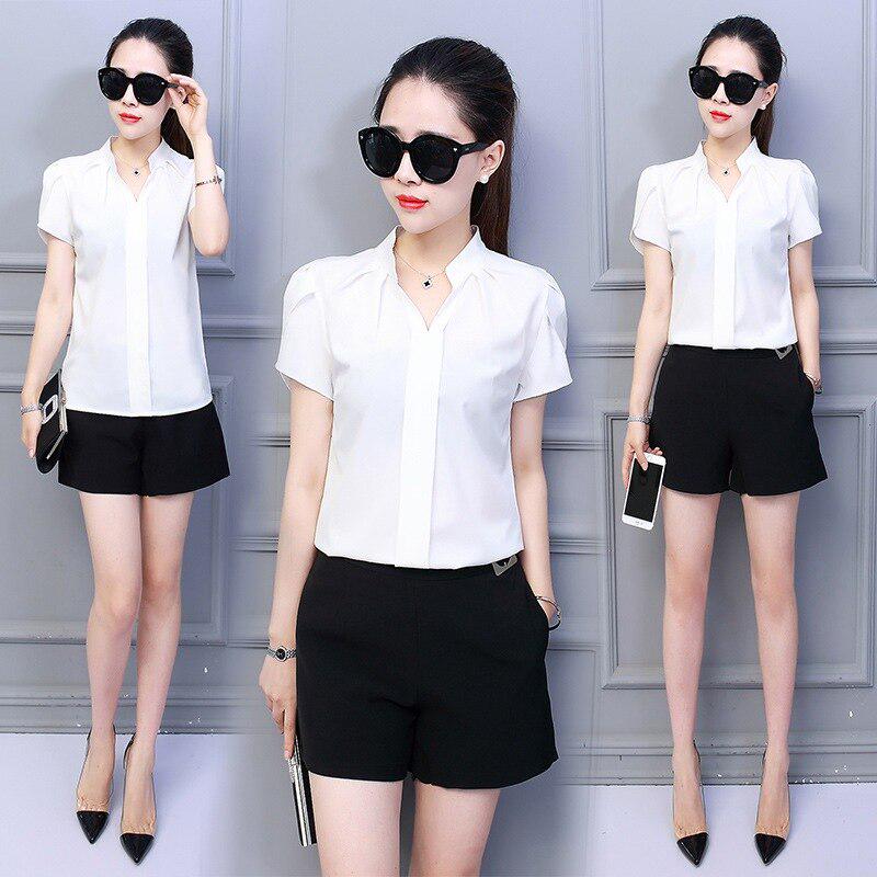White Shirt Female Short Sleeve Shirt Fashion Bodycon Leisure Chiffon Blouse Tops