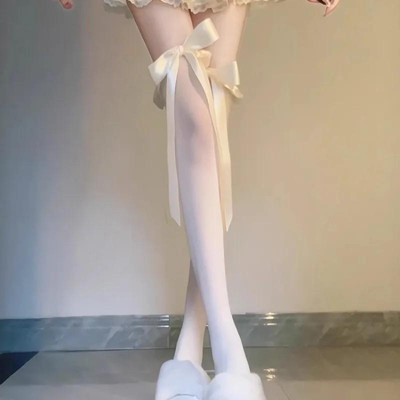 3 Pairs Women's Summer Thin Velvet Bowknot Ribbon JK Thigh High Stockings Sweet Lolita Princess Style Sheer Overknee Socks