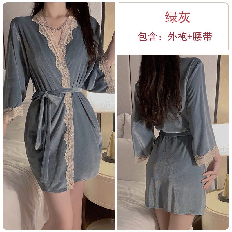 Women's Velvet Lace Warm Low Cut Sleep Dress with Robe Lounge Set