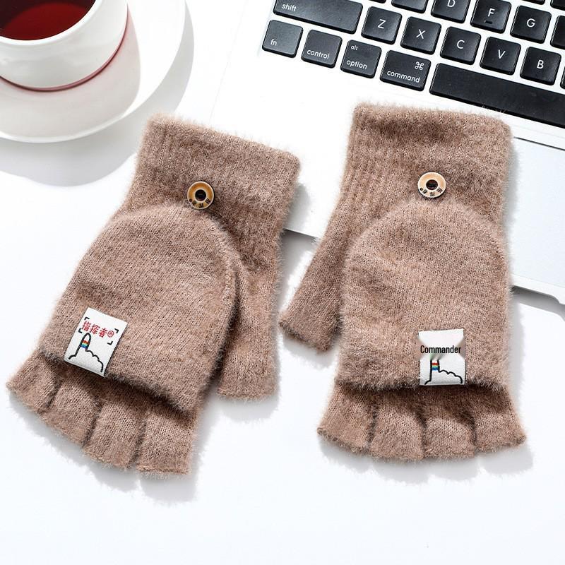Plush Flip-Top Faux Mink Velvet Half-Finger Gloves - Thick Warm Knit for Autumn/Winter Writing
