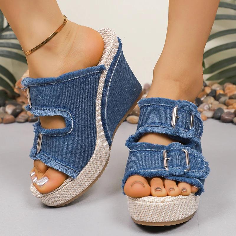 Fashion Blue Denim Wedge Heel Sandals for Women Summer Fashion Double Buckle Chunky Platform Sandals Woman Gothic Thick Bottom Slippers