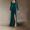 2026 Women's Velvet V-Neck Pleated Bodycon Dress - Elegant Autumn/Winter Slim Fit with Slit