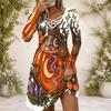 Women Criss Cross V Neck Long Sleeve Halloween Ghost Pumpkin Printed Curved Hem White Dress