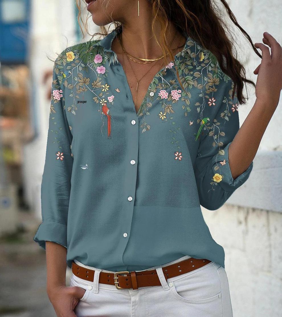 

2023 Women s Printed Long Sleeve Button-Down Casual Top 5XL синій