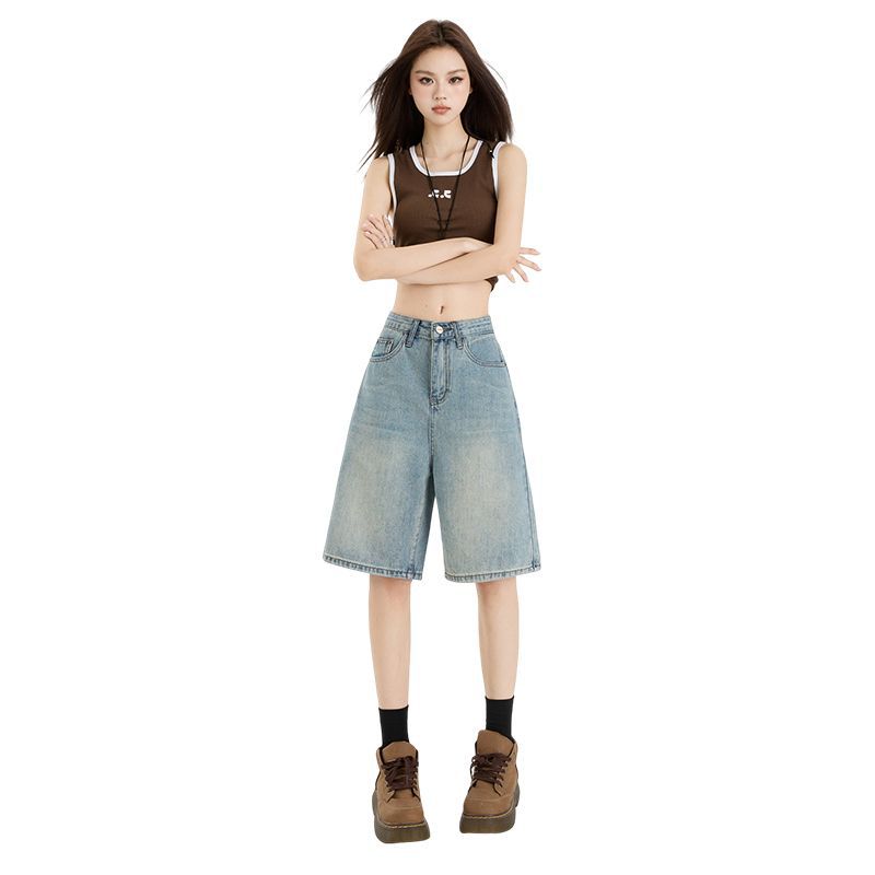 Sommer Dünn Hohe Taille Vintage Locker Gerade Fünf-Punkte Cropped Jeanshose Für Kleine Frauen Lässige Hose Übergroße Jeanshose