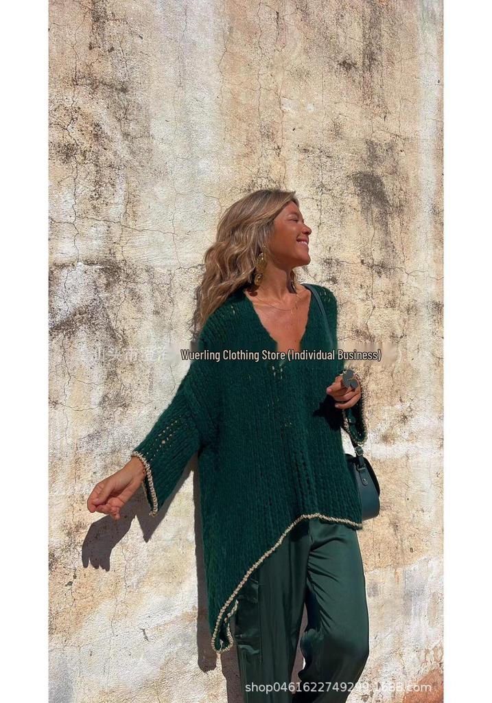 2026 Autumn/Winter Women's V-neck Loose Knit Pullover Sweater - 3 Colors, European/American Fashion Style