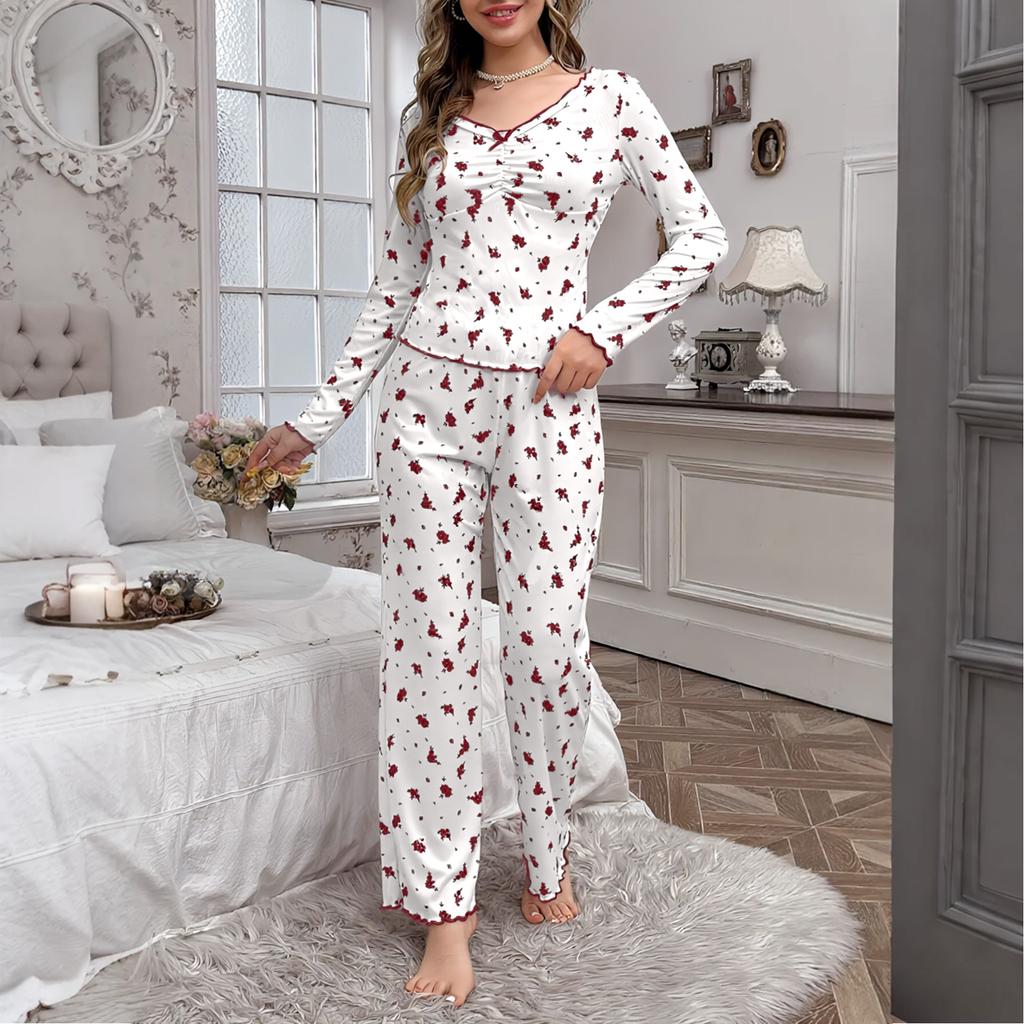 Women's Long-sleeved Pajamas And Pants Suit With Floral Print