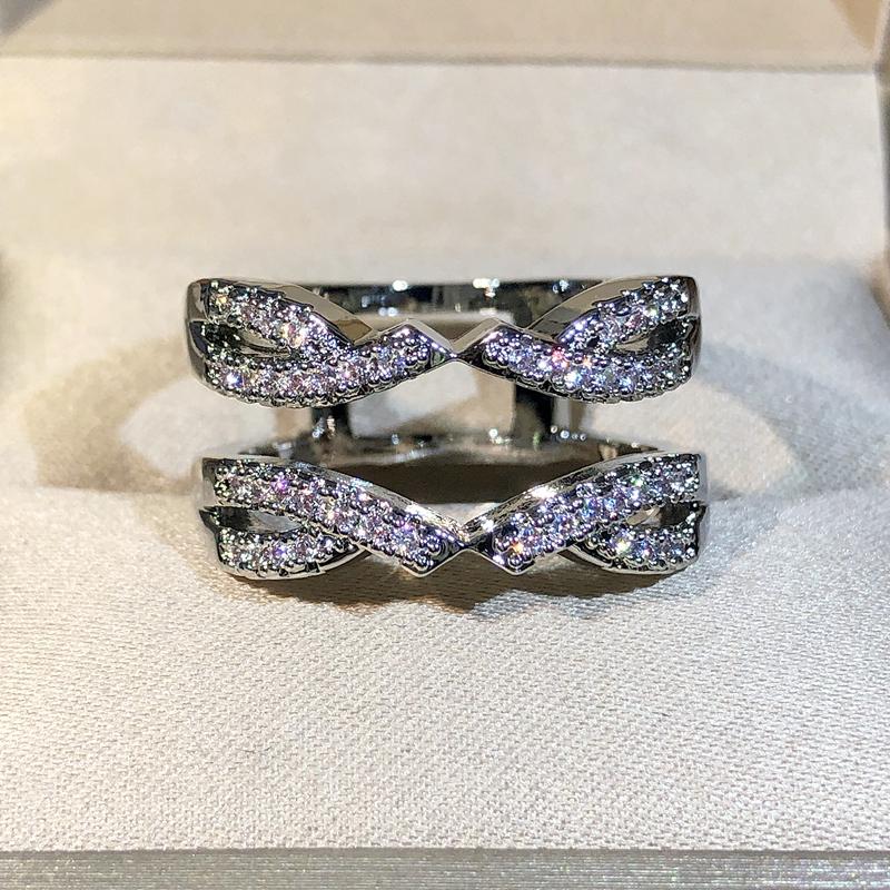 Copper Exquisite Geometric Zircon Double Row Ring Women's Jewelry New Interwoven Winding Ring Party Birthday Gift