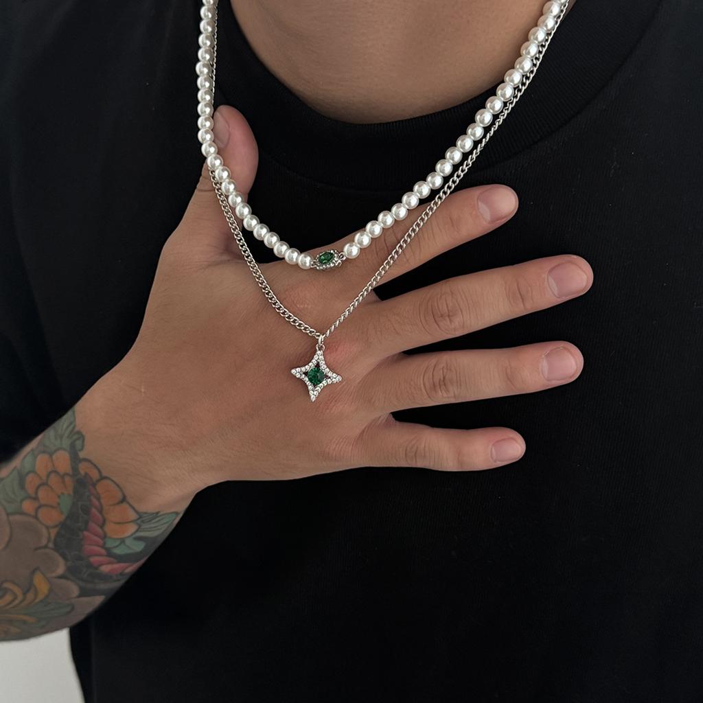 European and American Jewelry, Men's Pearl Extra-secret Chain Necklace Set, Trendy Hip-hop Style High-end Necklace Accessories