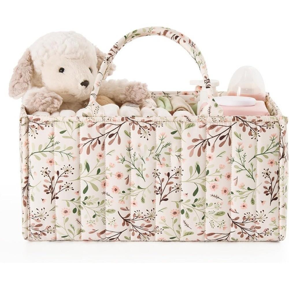 Floral Beige Baby Diaper Organizer Large Capacity Nursery Storage Basket Baby Shower Gift