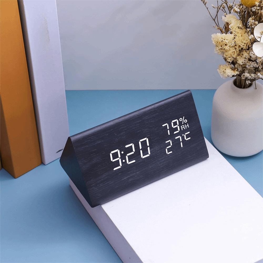 Triangular Wooden LED Alarm Clock Humidity and Temperature Display Adjustable Brightness Digital Alarm Clock Voice-activated