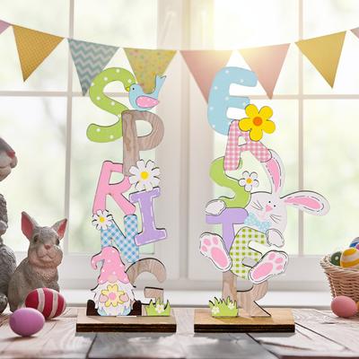 Easter Decorations Wooden Signs DIY Wood Craft for Spring Easter Rabbit Flower Gnome Ornament Desktop Centerpieces Decor Sign