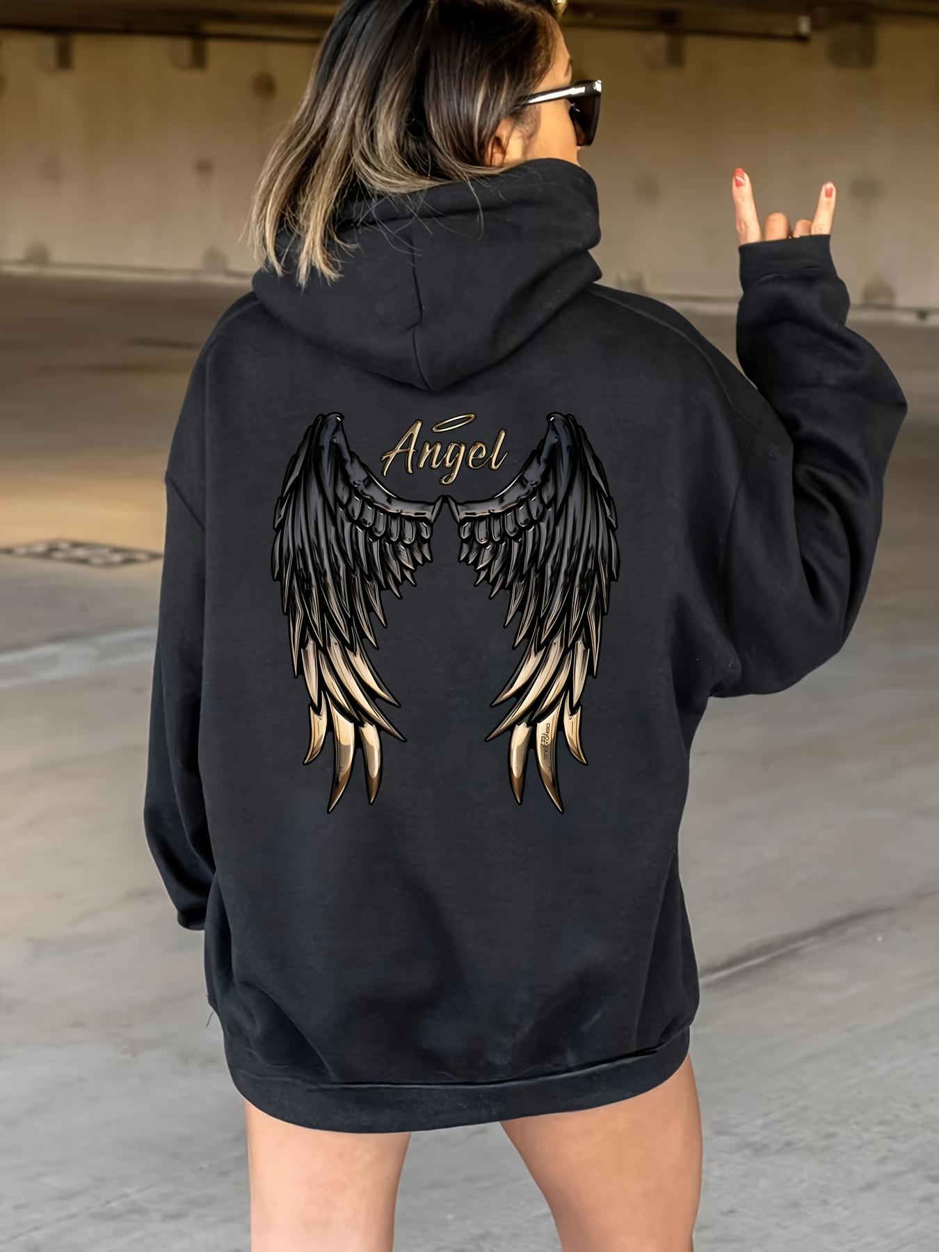 

Women s Casual Hoodie with Angel Wings Graphic Drawstring Detail Kangaroo Pocket Perfect for Fall Winter Playful Design Trendy 3XL