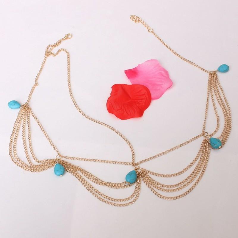 Fashionable Simulated Turquoise Decor Multi Layer Chain Design Women Headwear