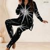 Women Plus Size Two Piece Pants Set Half Zip Long Sleeve Black Gold Printed Longline Top Fitted Pants