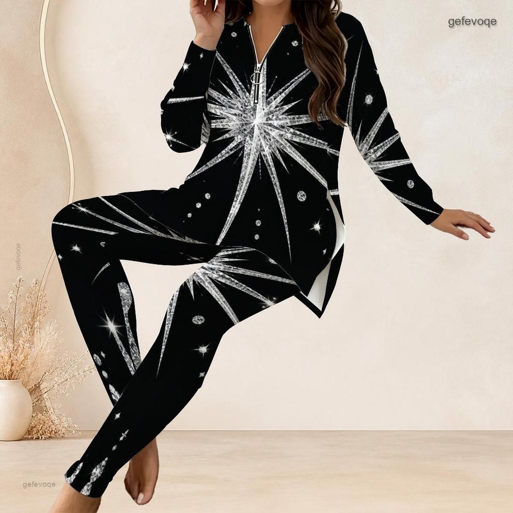 Women Plus Size Two Piece Pants Set Half Zip Long Sleeve Black Gold Printed Longline Top Fitted Pants