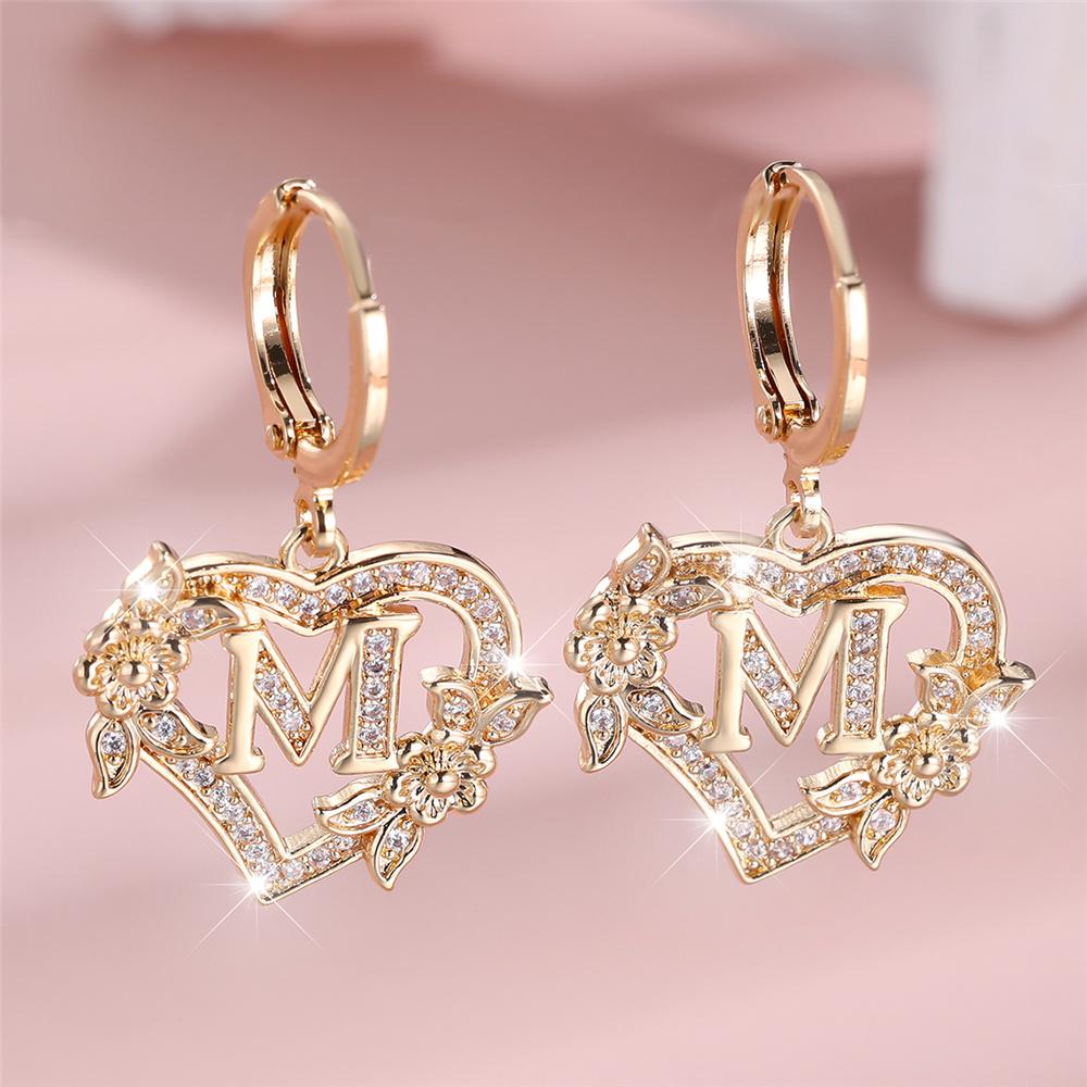 Vintage Hollow Love Heart Flower A-Z 26 Letters Hoop Earrings Yellow Gold Color White Zircon Earring Wedding Jewelry For Women