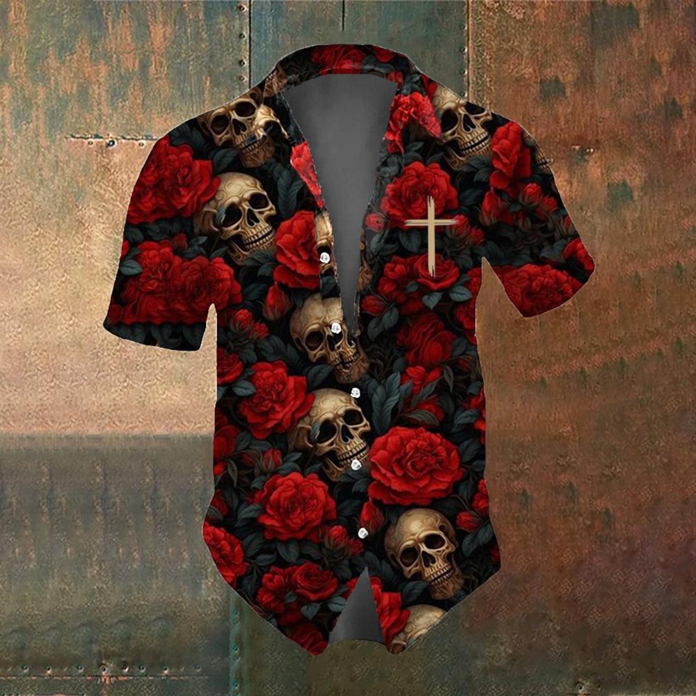 Skull Summer Men's Short Sleeve Shirt Street Fashion Tops Rose Skull Pattern Men's Casual