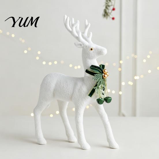 Holiday Gift Accessories with Bells White Flocked Elk Ornament, Ribbon Bell Decor 3D Standing Deer Winter Theme Table Centerpieces Figurine,