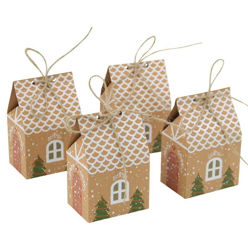 10/20/30/50pcs Christmas Candy Box Party Supplies Christmas Decoration House Shape Cookies Pouch Kraft Paper Gifts Packaging Box
