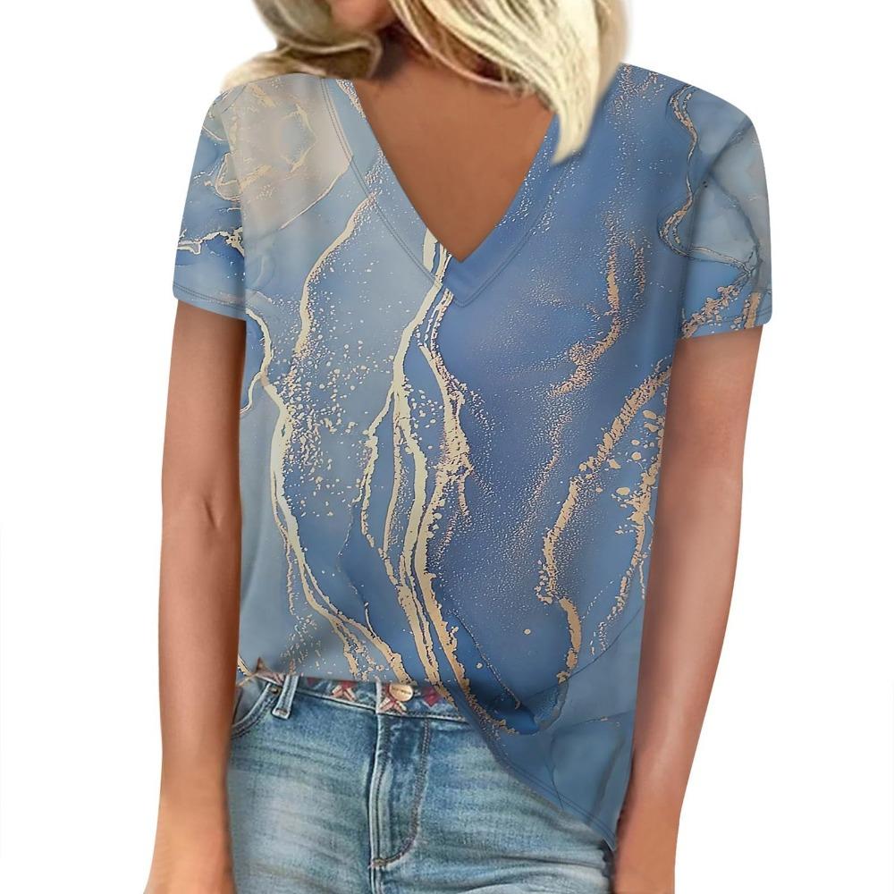 T-shirt Women's Summer Casual Elegant V-neck Short-sleeved Gradient Texture Pattern Blouse Loose Casual Women's Clothing