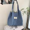Korean Refreshing Lake Blue Shopping Bags Fashion Plaid Handheld Shoulder Bag Student Class Cloth Bag