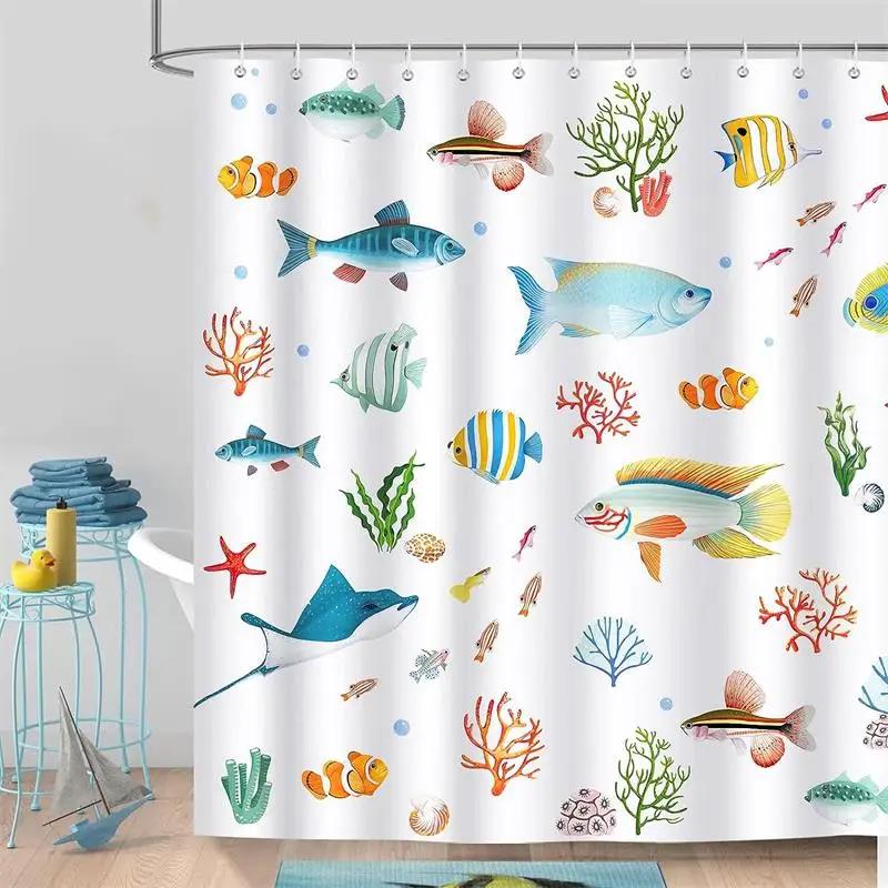 Cartoon Engineering Car Shower Curtains Ocean Animals Fish Cosmos Starry Sky Polyester Fabric Kids Bathroom Decor Set With Hooks