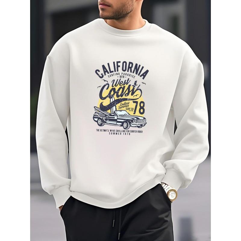 California Surfing, Retro Car Print Men'S New Round Neck Sweatshirt, Loose And Stylish Casual Sports Top For, Versatile Pullover