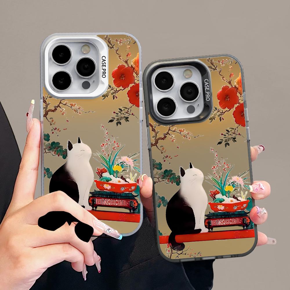 Elegant Chinese Garden Cat Ink Case For iPhone 17 Air 16 E 15 14 13 12 11 Pro Max 8 Plus X IMD Colored Silver Camera Frame Cover