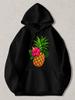 Black Pullover Hoodie with Vibrant Pineapple And Pink Hibiscus Flower Print Tropical Fruit Graphic Sweatshirt for Casual Daily Wea