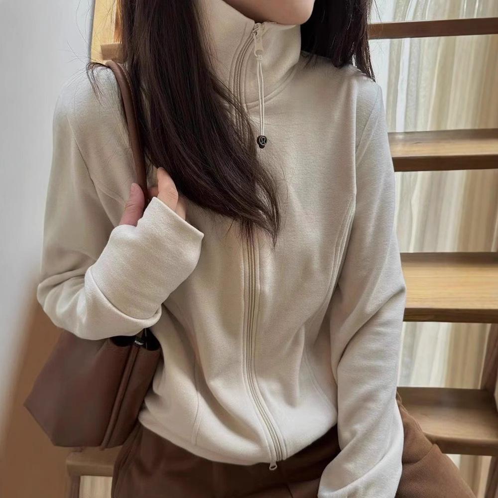 Korean Style Women's Zipper Long Sleeve Base Layer Top: Stand-Up Collar Sweatshirt Cardigan for Autumn/Winter 2024