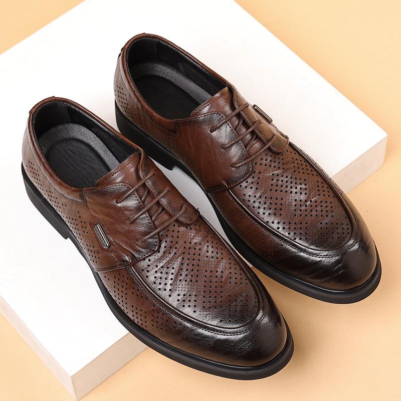 Leather Shoes Men's Dress Business Hong Kong Style Hand Grab British Style Men's Shoes Trend Summer Breathable Hollow Shoes