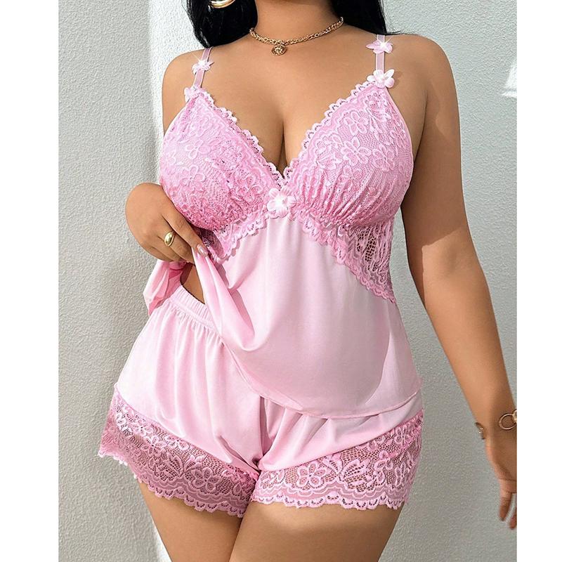 Plus Size Lace Camisole Nightdress Sexy Shorts Set Pure Desire Loungewear Solid Color Casual Shorts Sets