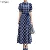 Women Casual Round Neck Short Sleeve Grid Print Elegant Dress