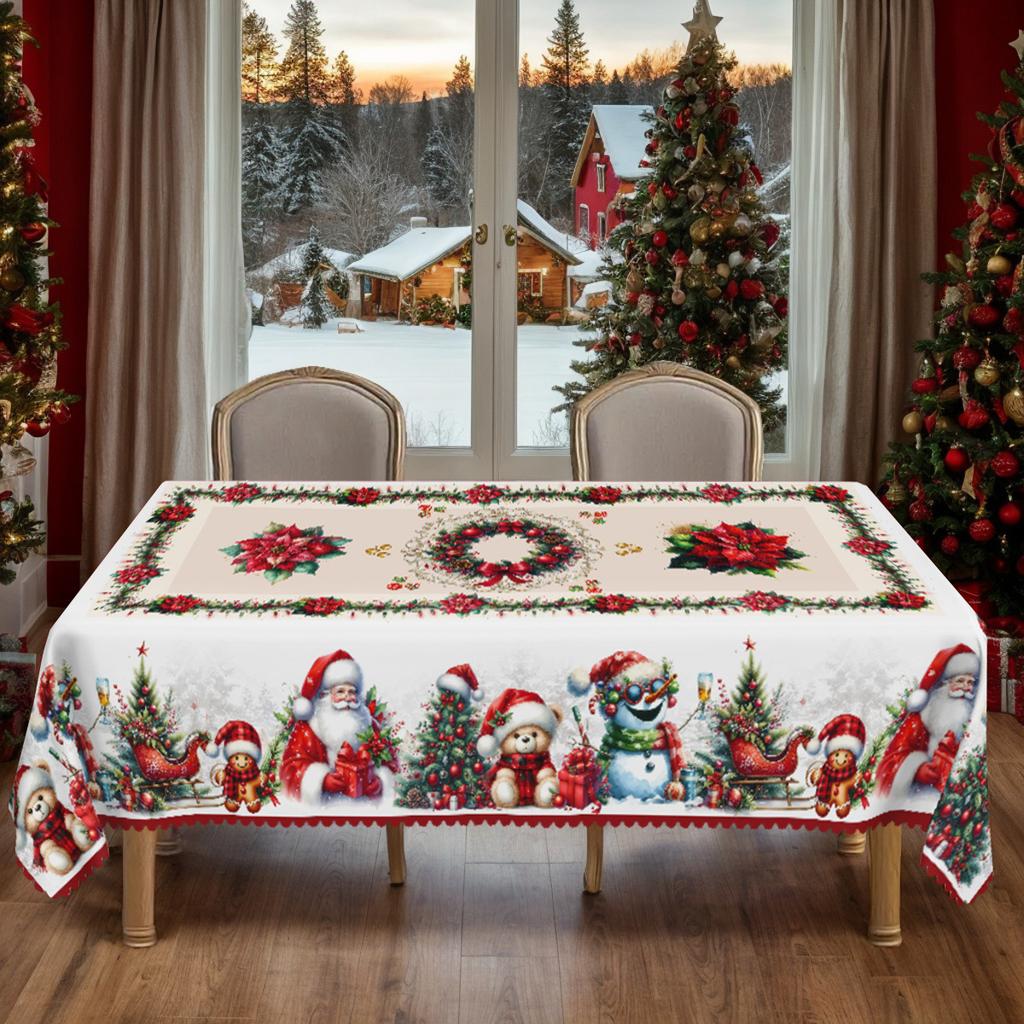 Tablecloth with Embossed Edges , Featuring a Merry Christmas Theme for Parties, Adorned with a Buffalo Check Bow, Poinsettias, Christmas Trees
