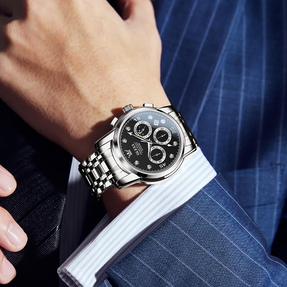 OLEVS Stylish Popular Analog Quartz Waterproof Business Silver with Stainless Steel Black Date Large Stylish Nam Men's Watch, Movement, Watch, Band,