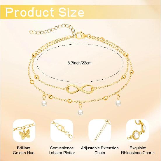 11 Pcs Gold Ankle Bracelets Layered Chain for Women Summer Beach | Multi layered , Alloy Material, Adjustable Extension Chain, Boho Casual Style,